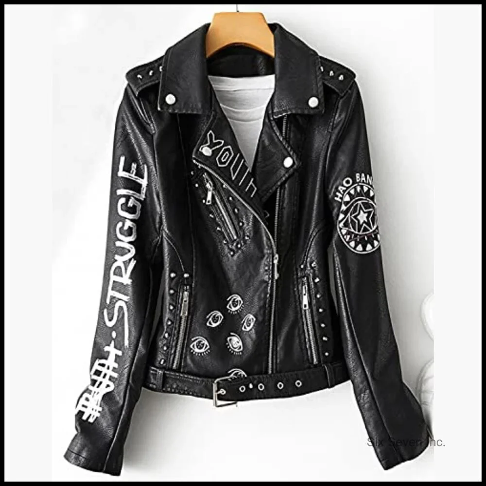 Faux Leather Punk Biker Jacket with Belt and Rivet Decoration - Picture 5 of 7